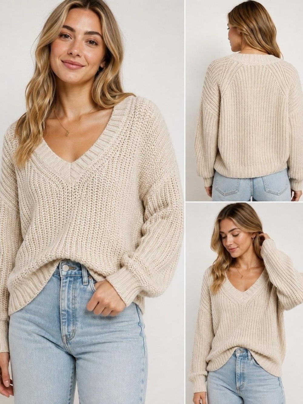 American Eagle Outfitters Cream V-Neck Chunky Knit Sweater